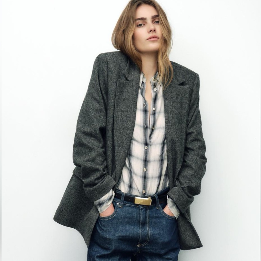 Zara Anthracite Gray Wool Herringbone Blazer